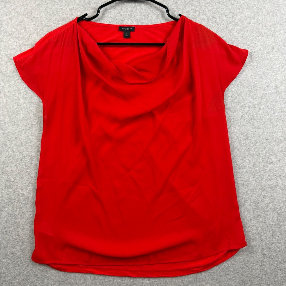Ann Taylor Factory Cowl Neck Blouse Womens Medium Red Short Sleeve
